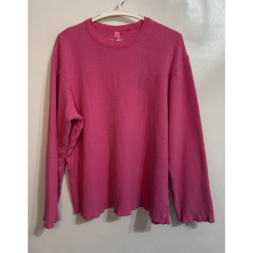 Skims Size Small Hot Pink Waffle Knit Thermal Long Sleeve Shirt Pullover Cotton